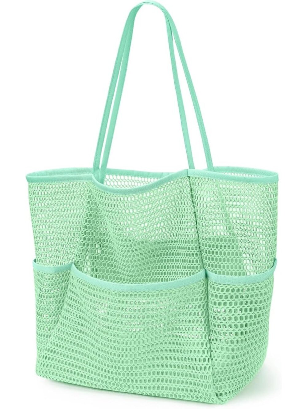 Women's Green Mesh Beach Tote Bag Large Foldable Swimming Bag with Pockets